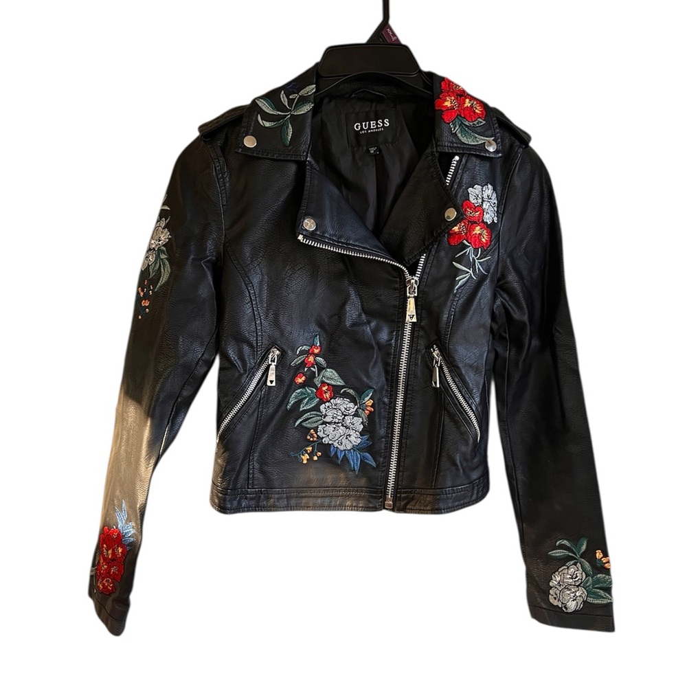 Guess Faux Leather Moto Motorcycle Jacket Floral Embroidery Coat
